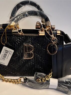 bebe Black Mini Satchel with Gold Hardware
